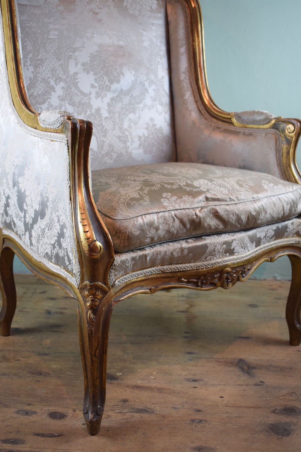Antique French Carved Giltwood Wingback Chair in Louis XV Style View III