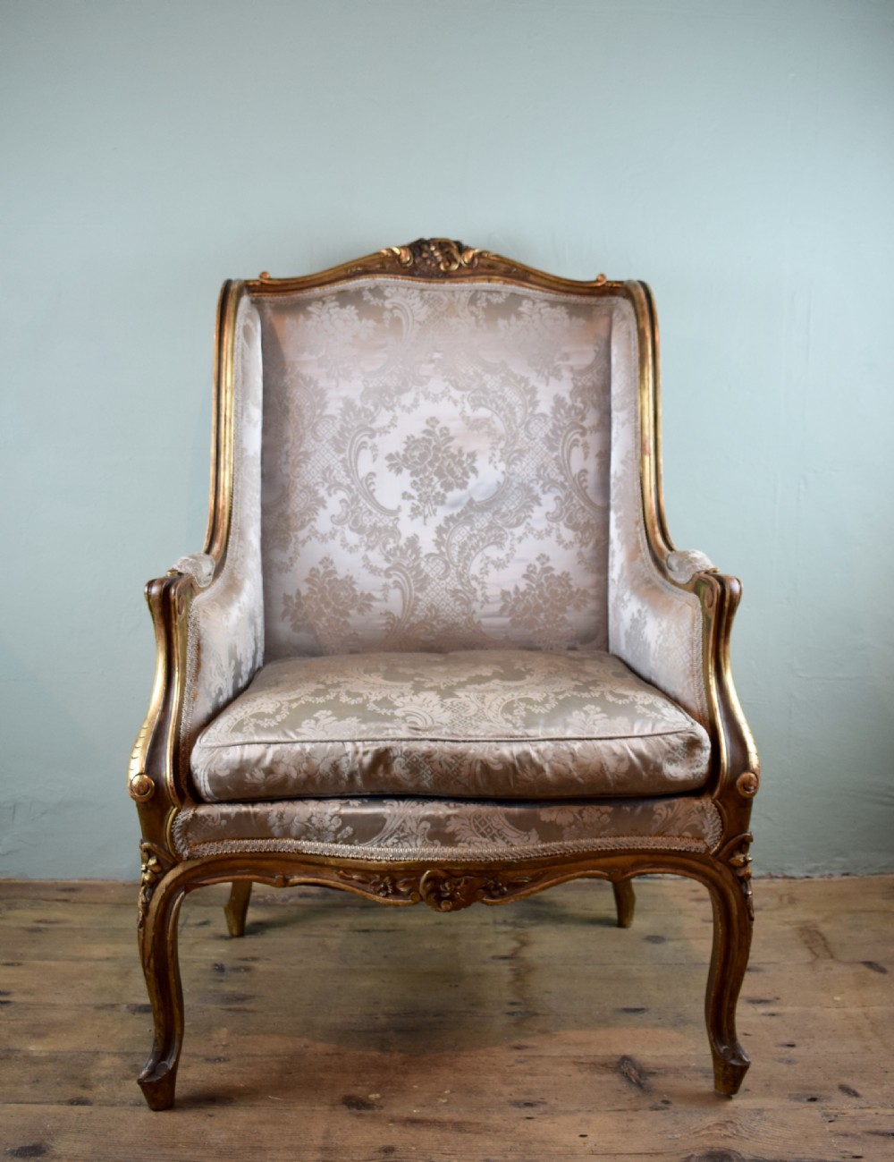 Antique French Carved Giltwood Wingback Chair in Louis XV Style View IV