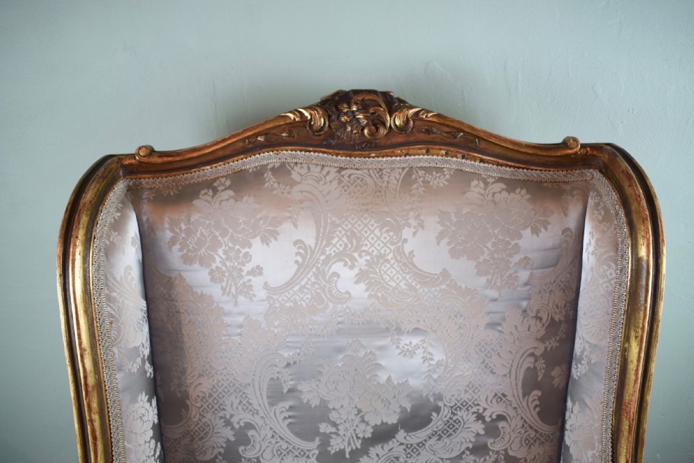 Antique French Carved Giltwood Wingback Chair in Louis XV Style View V