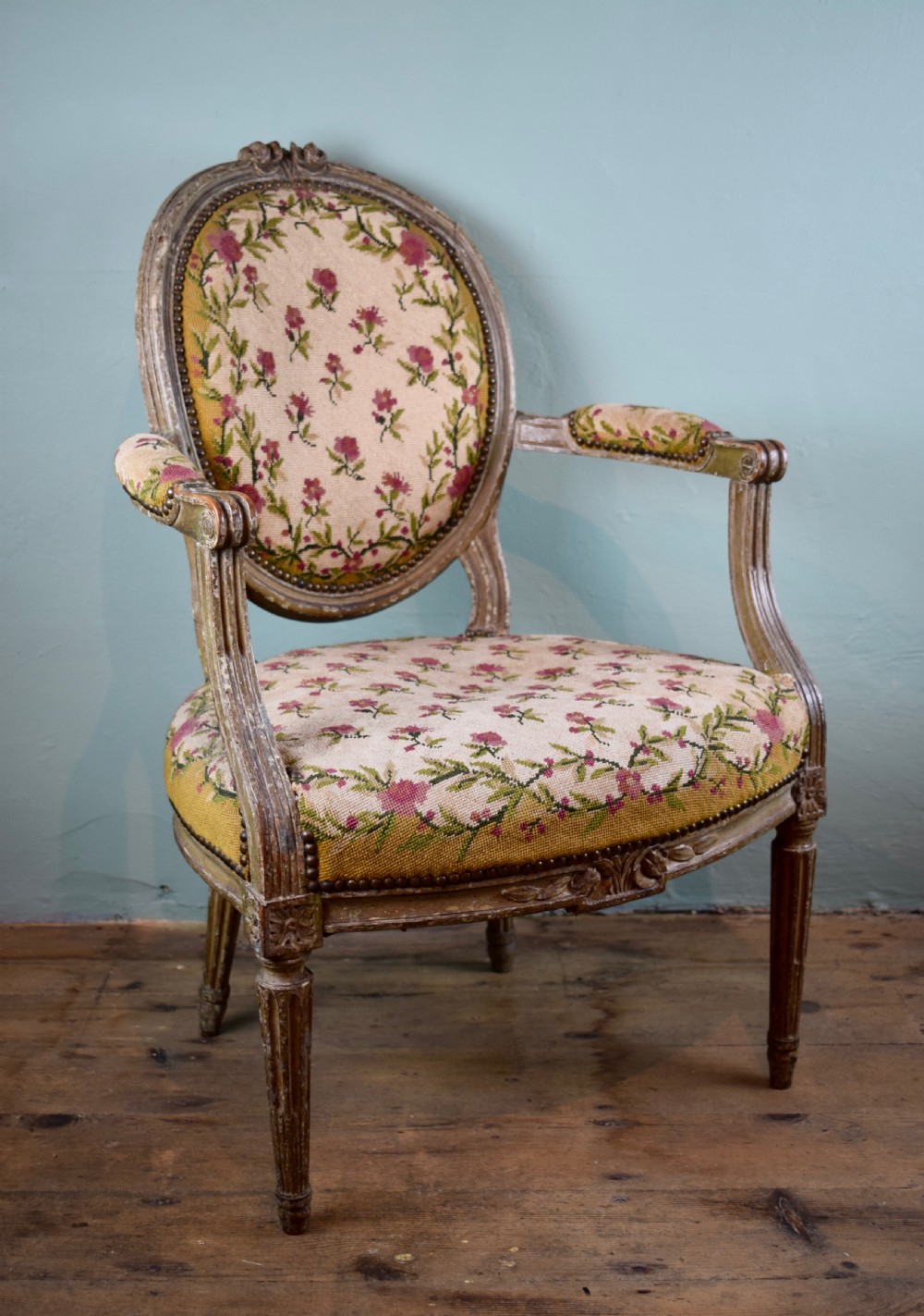 Antique French Louis XVI style Fauteuil Armchair in original paint and with needlework upholstery