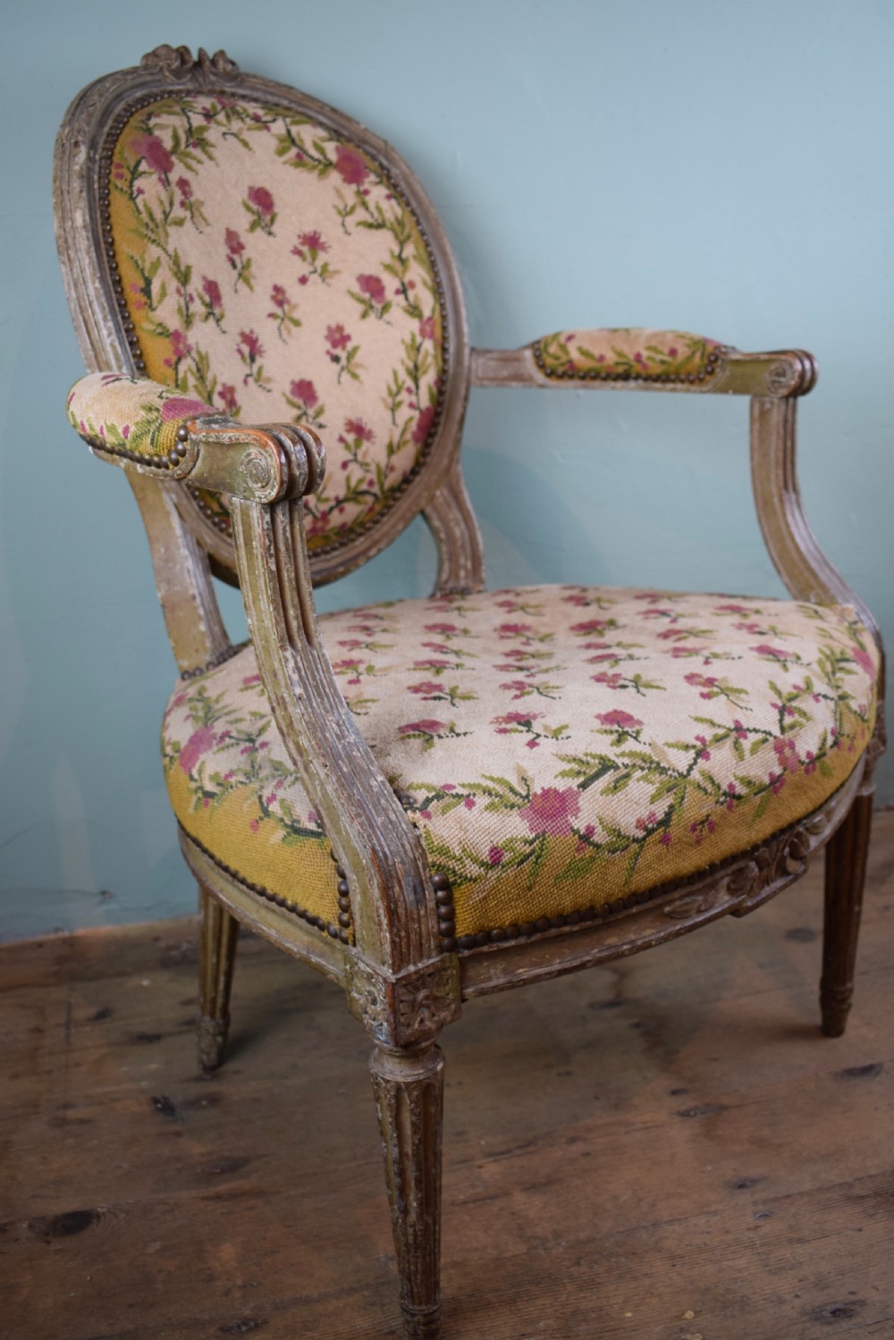 Antique French Louis XVI style Fauteuil Armchair in original paint and with needlework upholstery View II