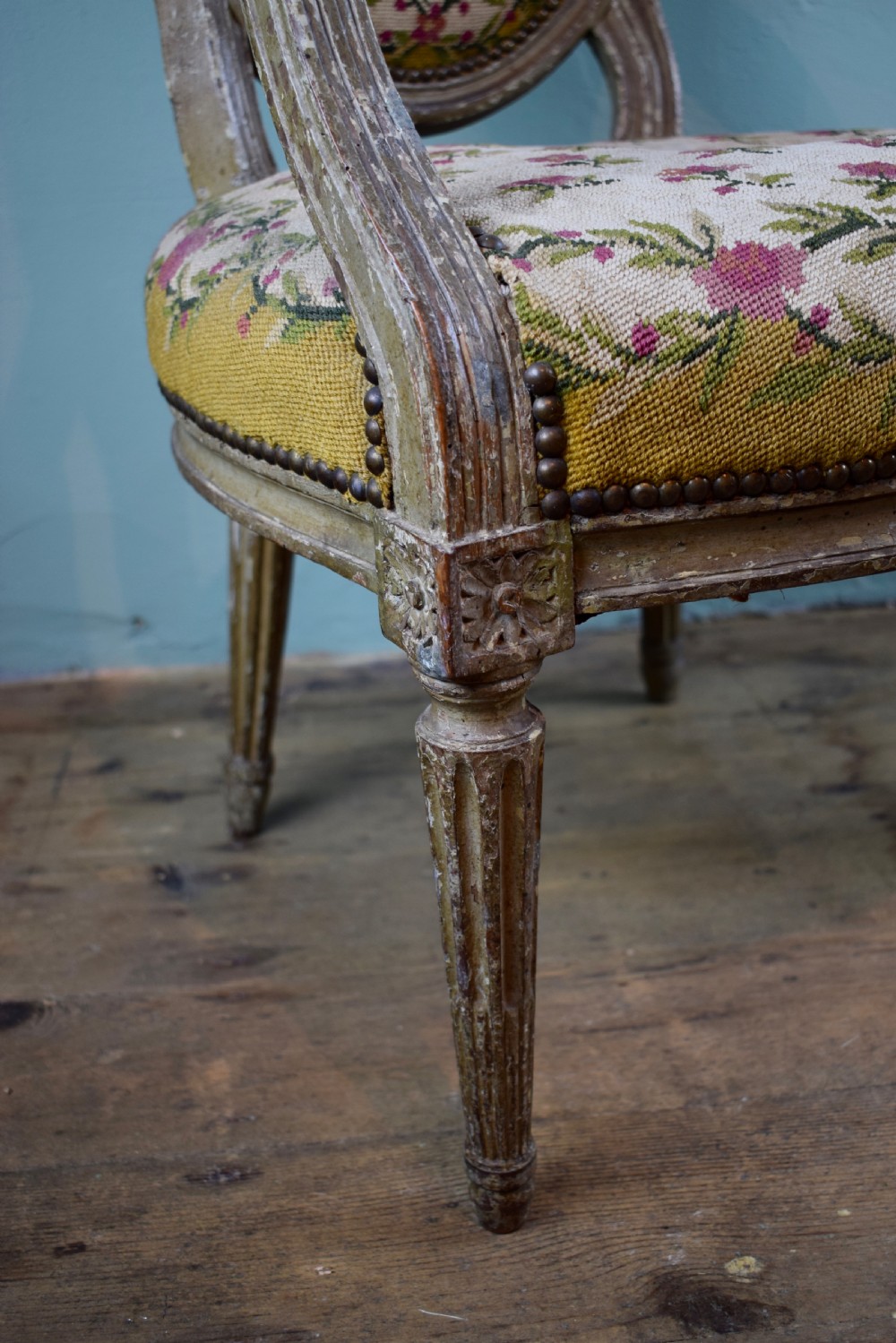 Antique French Louis XVI style Fauteuil Armchair in original paint and with needlework upholstery View III