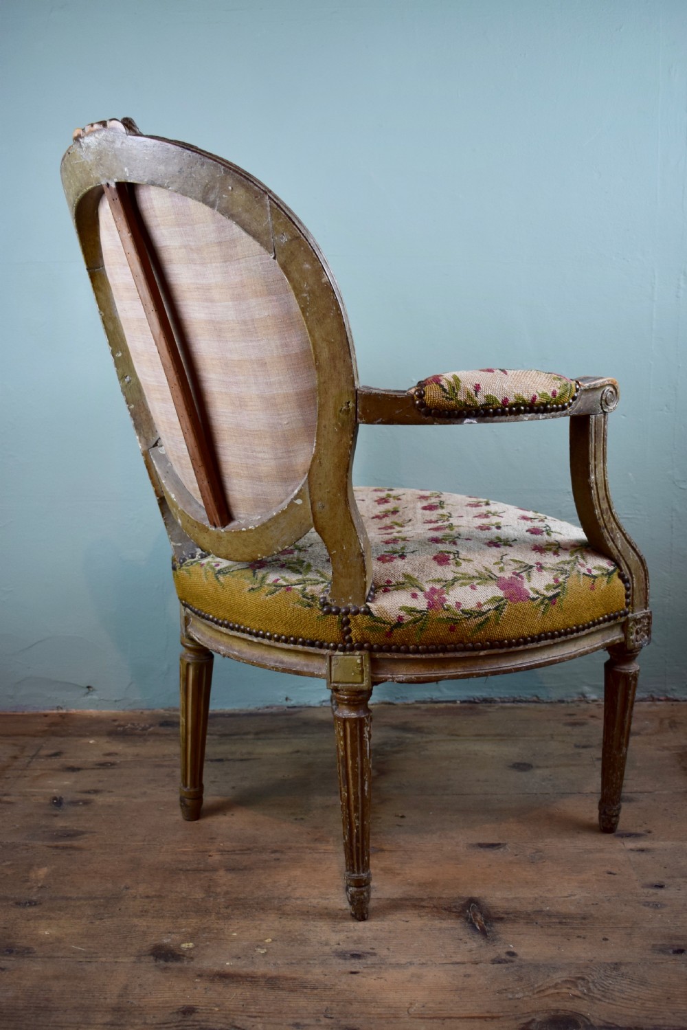 Antique French Louis XVI style Fauteuil Armchair in original paint and with needlework upholstery View IV