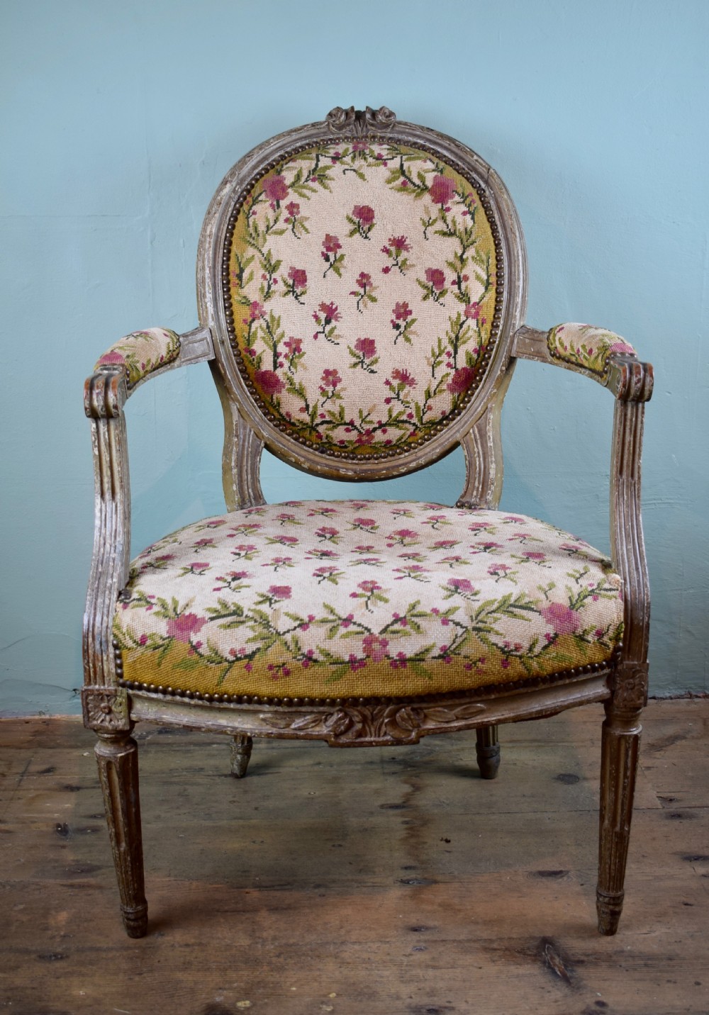 Antique French Louis XVI style Fauteuil Armchair in original paint and with needlework upholstery View V