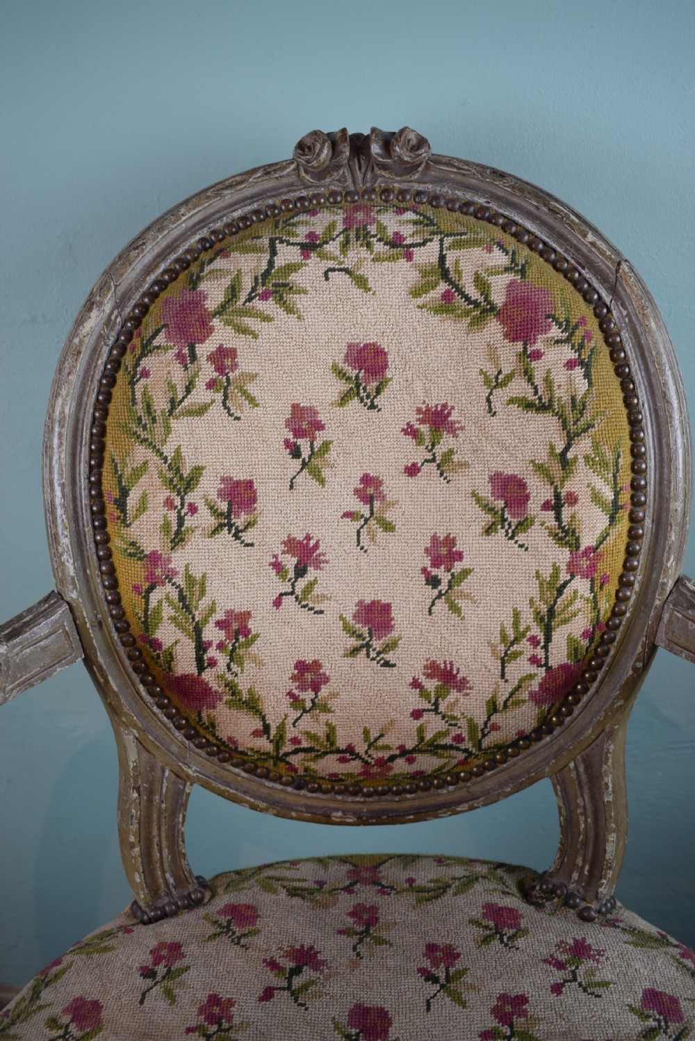 Antique French Louis XVI style Fauteuil Armchair in original paint and with needlework upholstery View VI