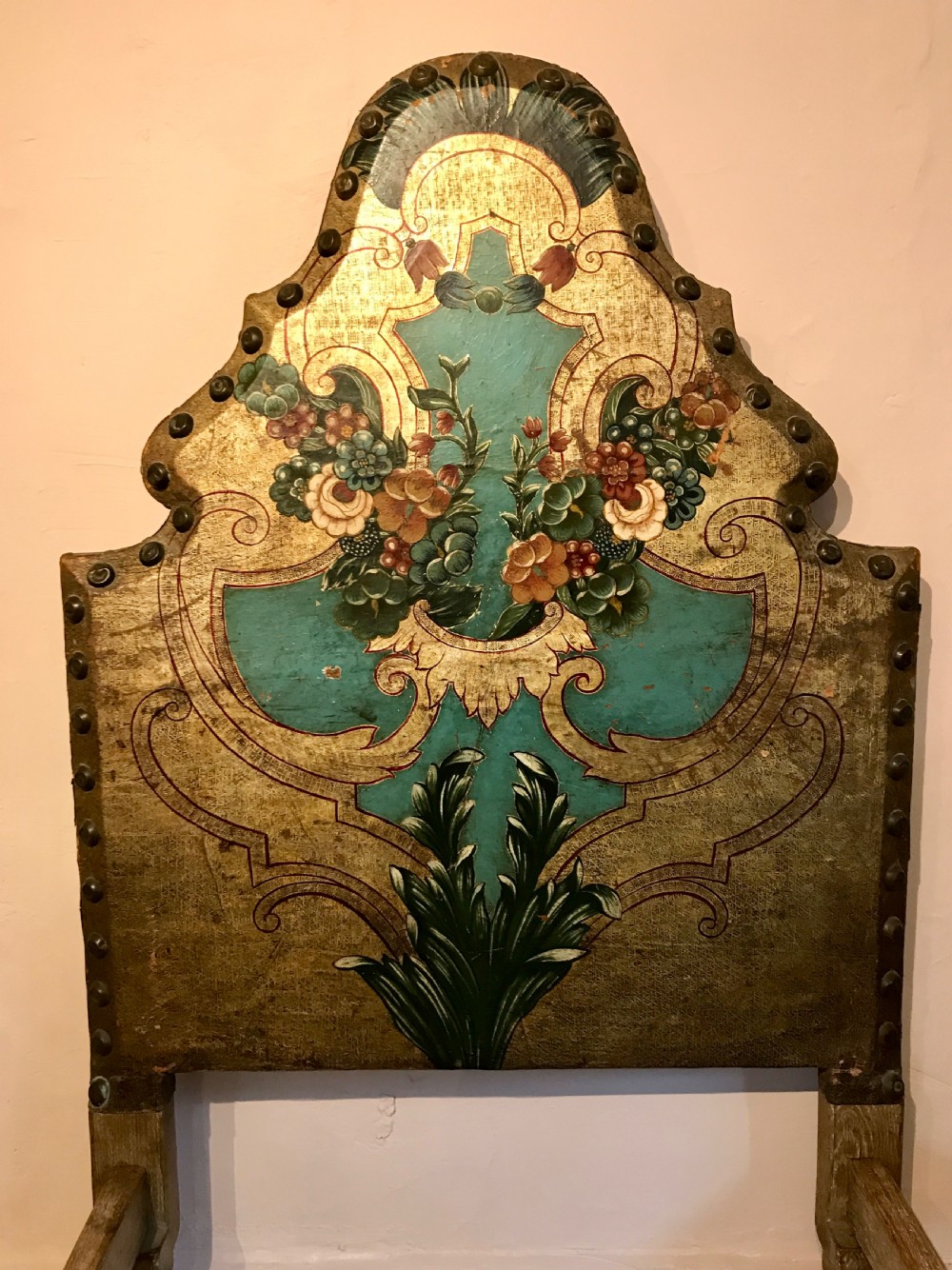 Pair of Single beds with gilt tooled and painted headboards in Spanish style View III