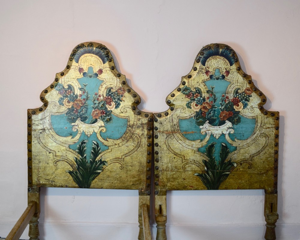 Pair of Single beds with gilt tooled and painted headboards in Spanish style View IV