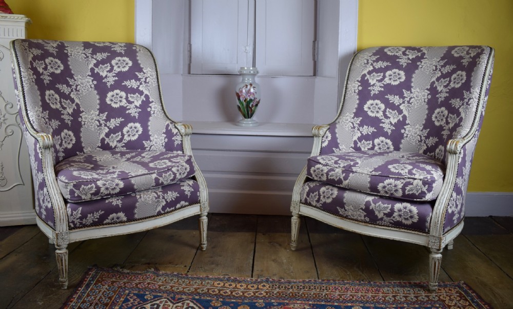 Pair of Louis XVI Style Painted Tub Armchairs with damask upholstery View II