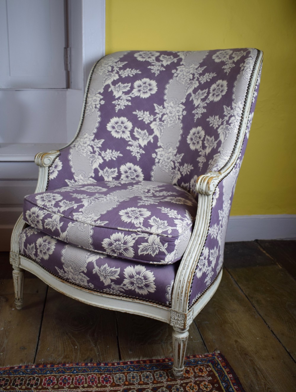 Pair of Louis XVI Style Painted Tub Armchairs with damask upholstery View III