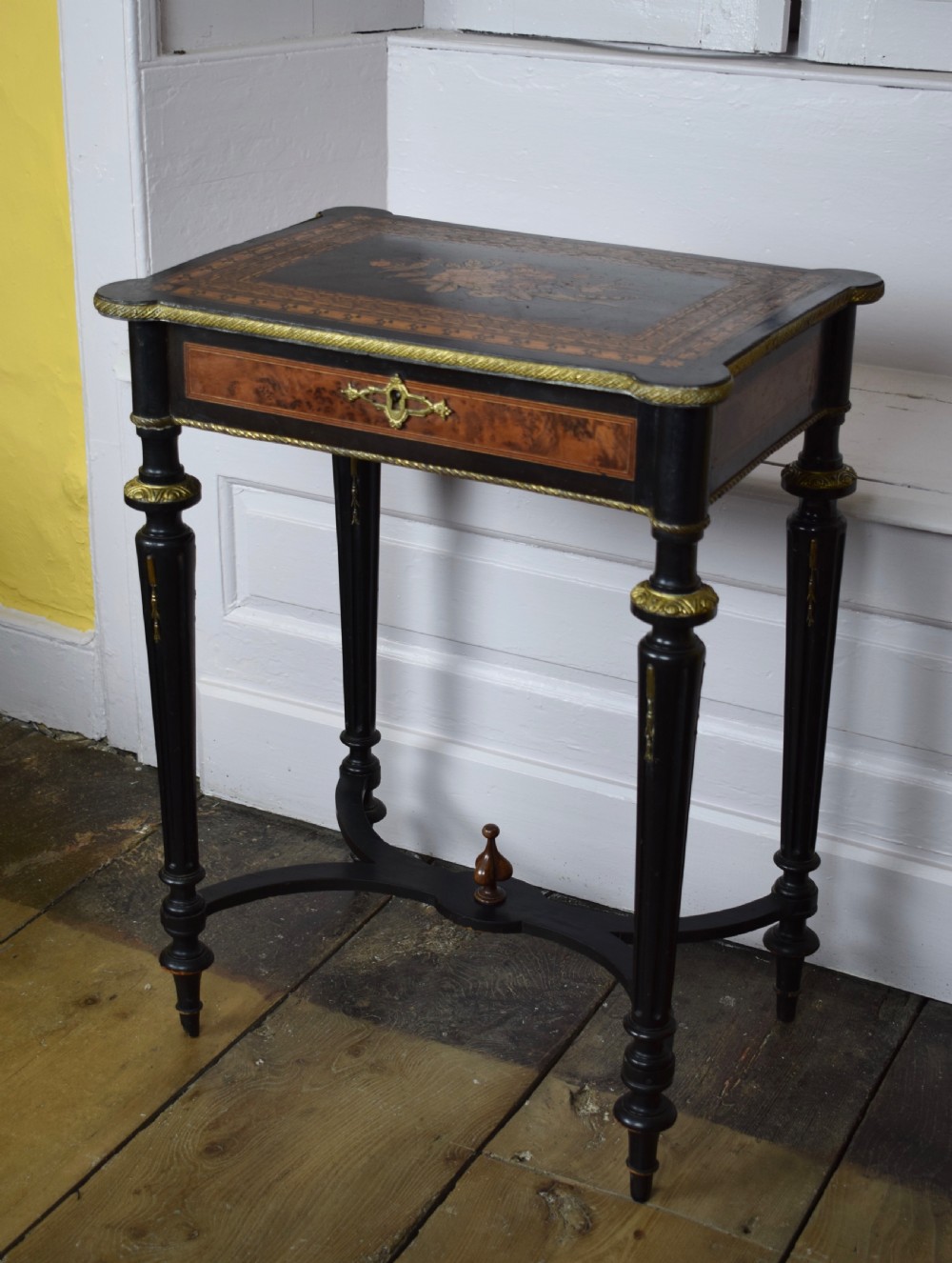 French Napoleon III Marquetry inlaid sewing / side table with gilt metal mounts View II