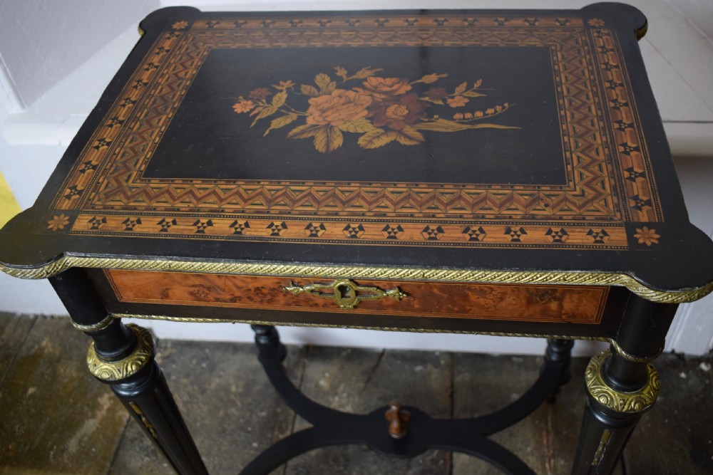 French Napoleon III Marquetry inlaid sewing / side table with gilt metal mounts View III