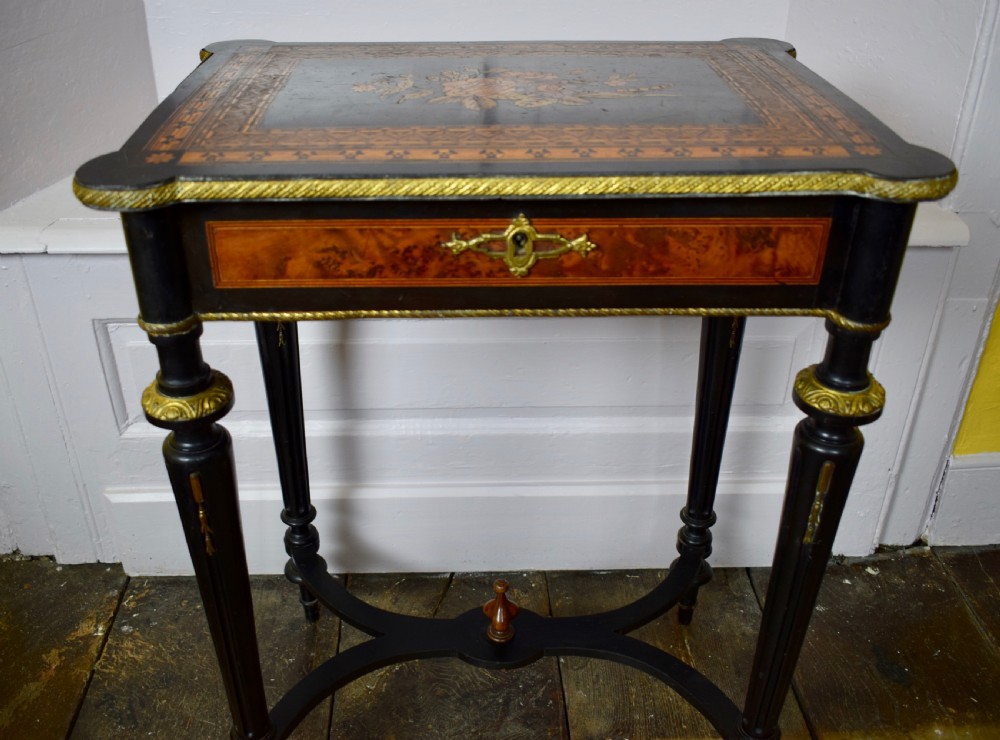 French Napoleon III Marquetry inlaid sewing / side table with gilt metal mounts View V