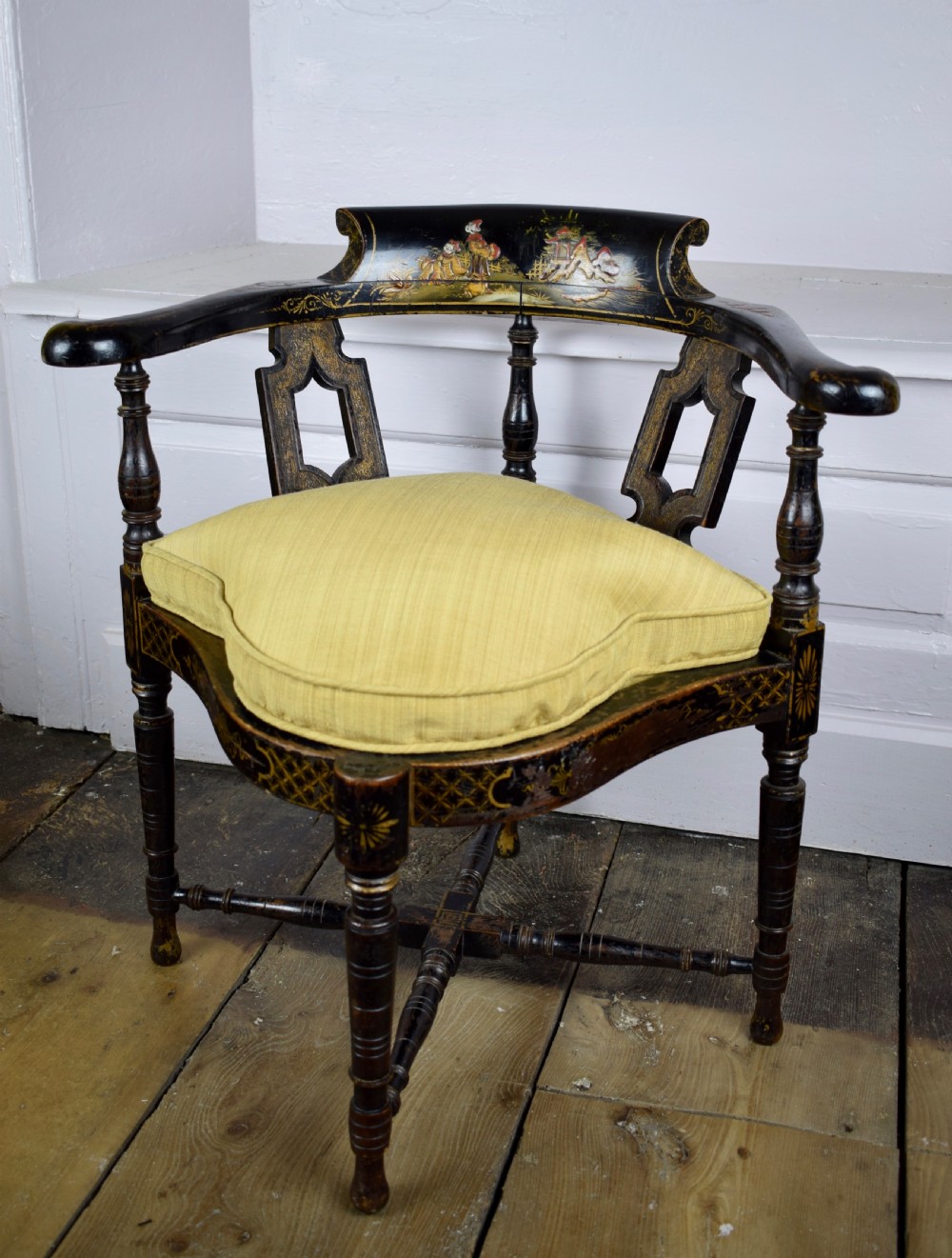 Edwardian Chinoiserie Decorated Black Lacquer Corner Chair View II