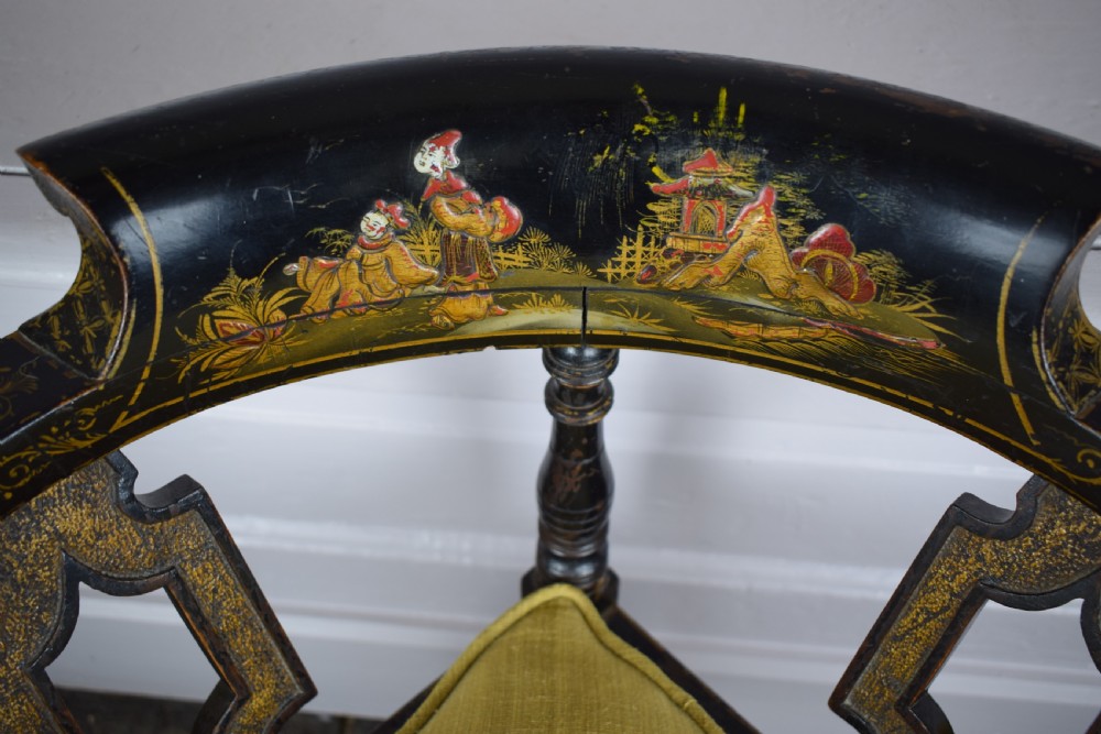 Edwardian Chinoiserie Decorated Black Lacquer Corner Chair View V