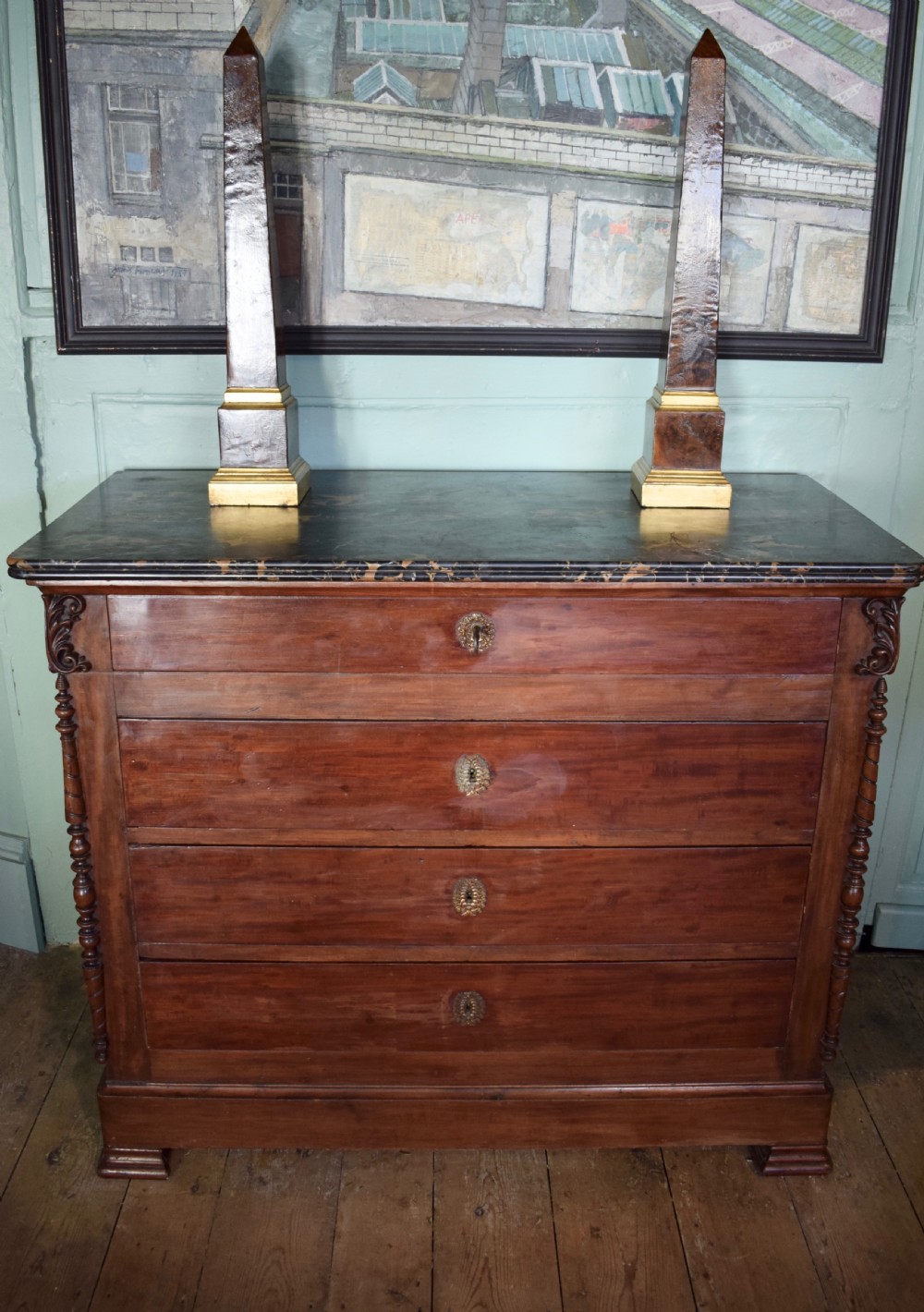 Antique French marble top commode chest of drawers View II