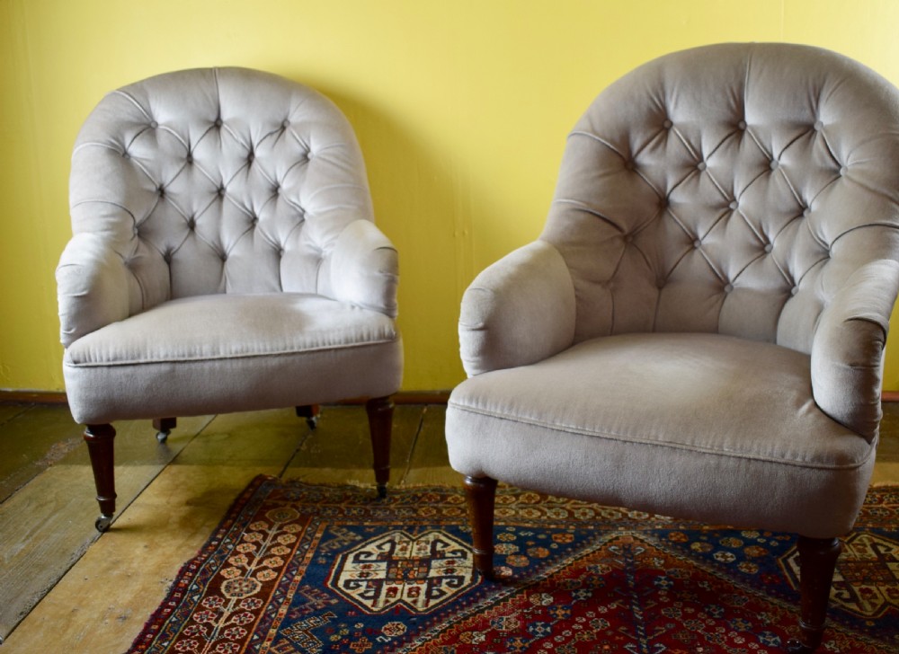Pair of French button back tub armchairs