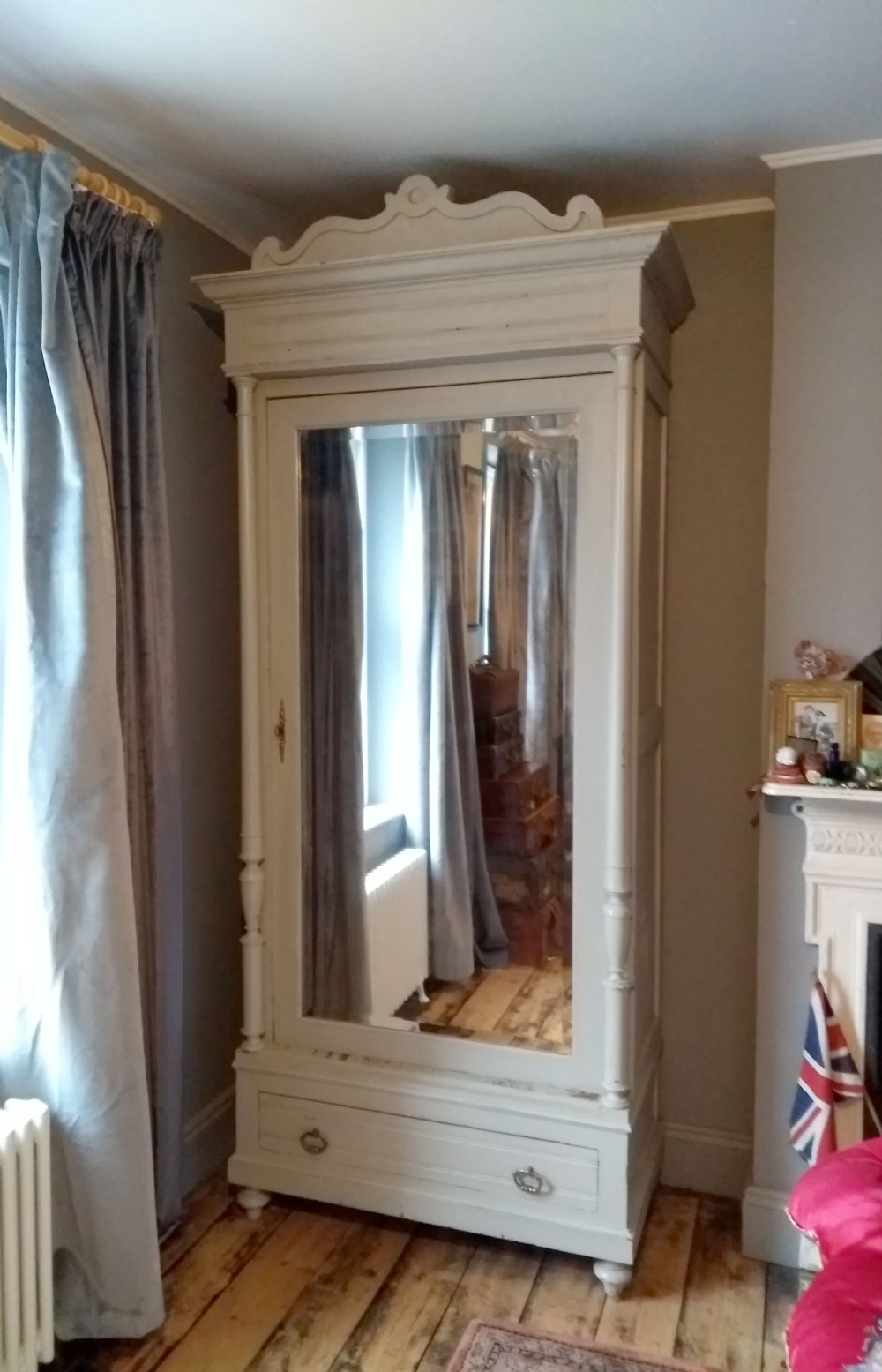 Antique French Grey Painted Mirror Door Armoire View II