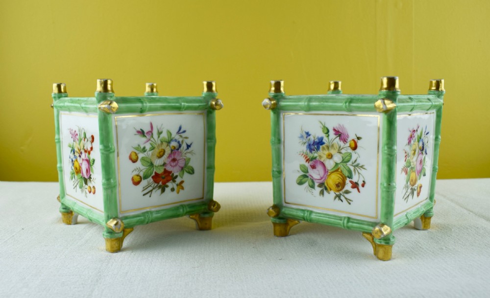 Pair of hand painted French porcelain faux bamboo cache pots planters View II