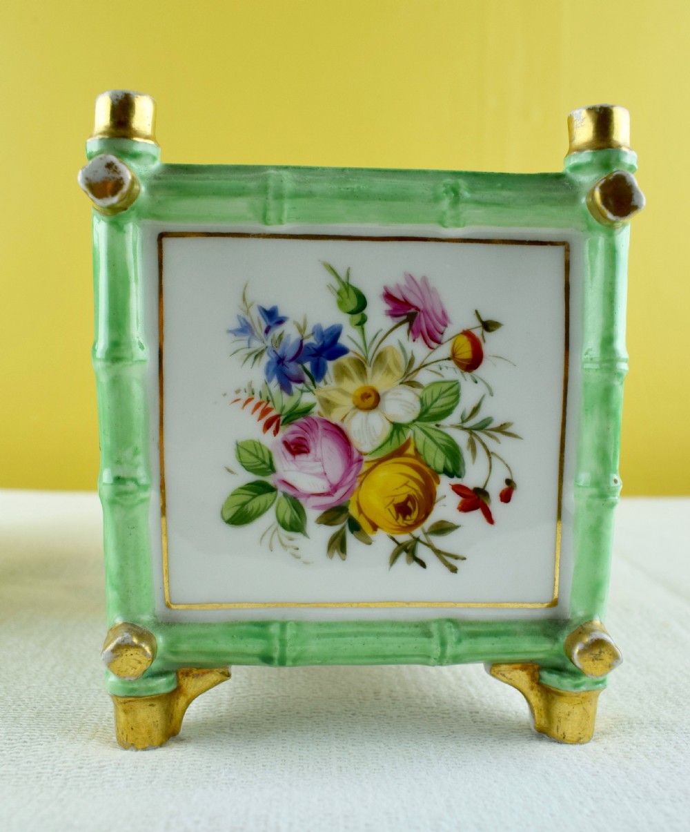 Pair of hand painted French porcelain faux bamboo cache pots planters View III