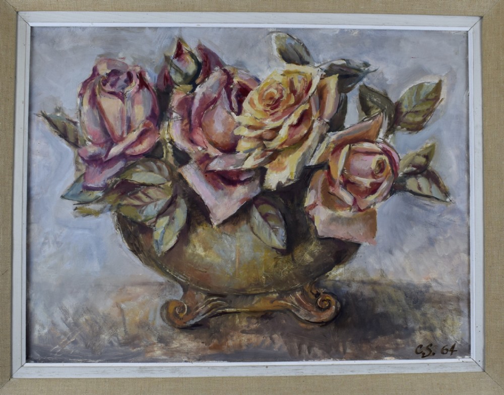French Still Life oil on canvas of roses in a vase