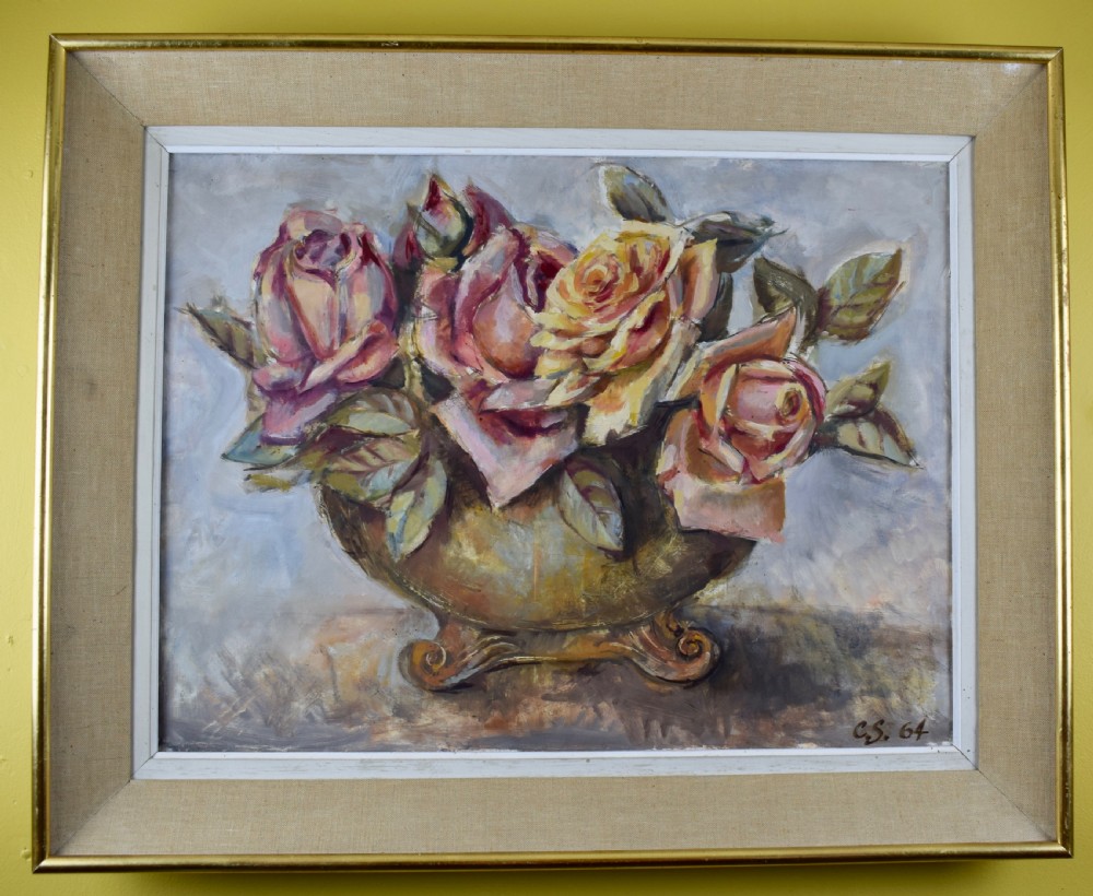 French Still Life oil on canvas of roses in a vase View II