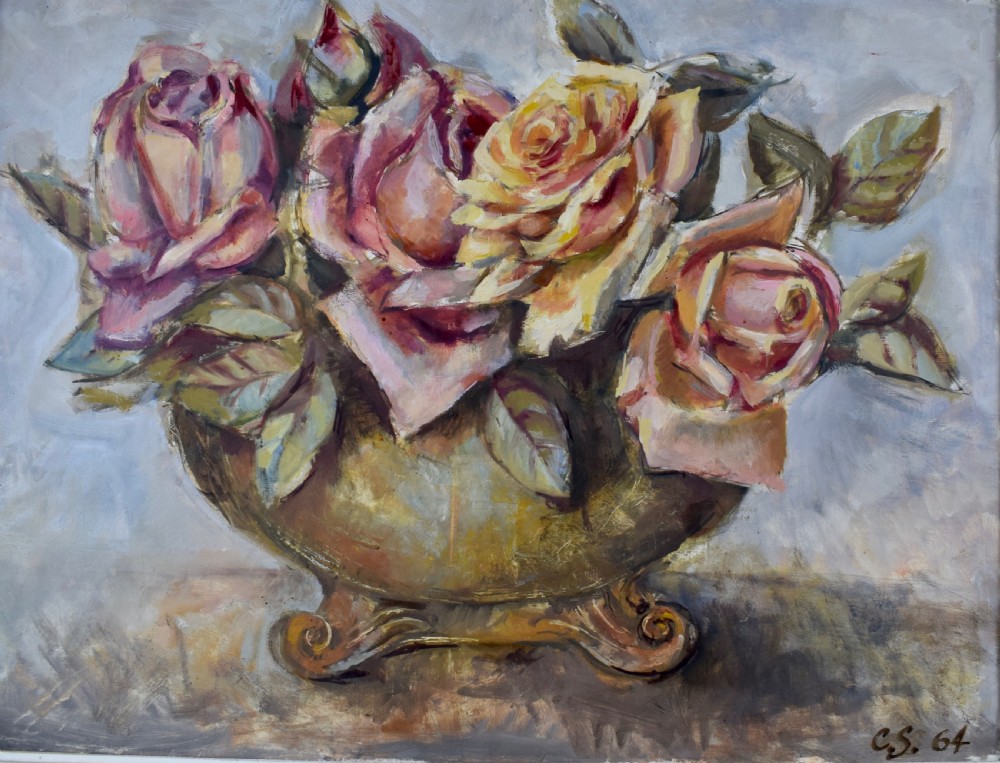 French Still Life oil on canvas of roses in a vase View IV