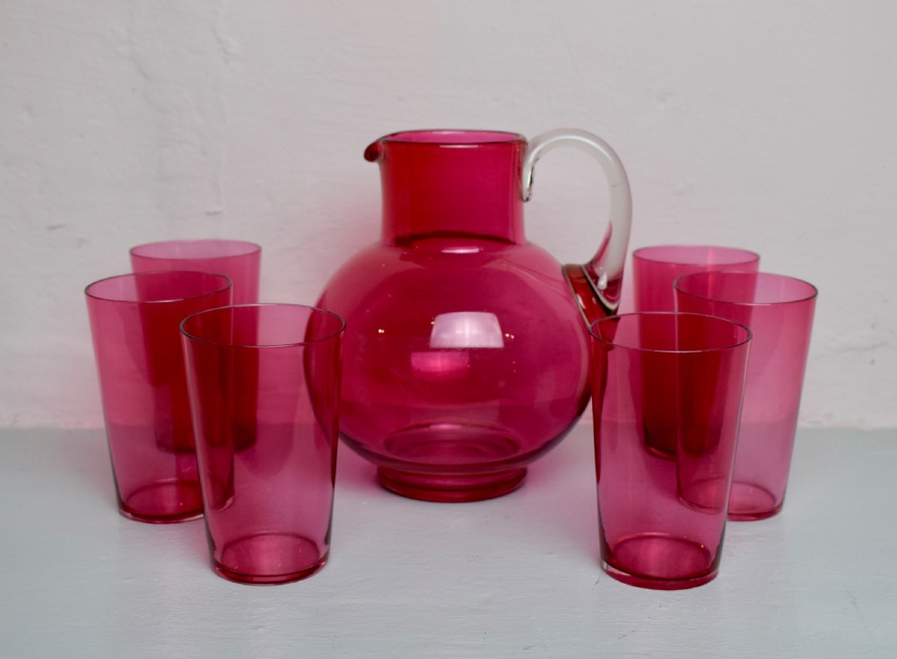 Victorian Cranberry Ruby Glass Jug and Tumblers Water Set