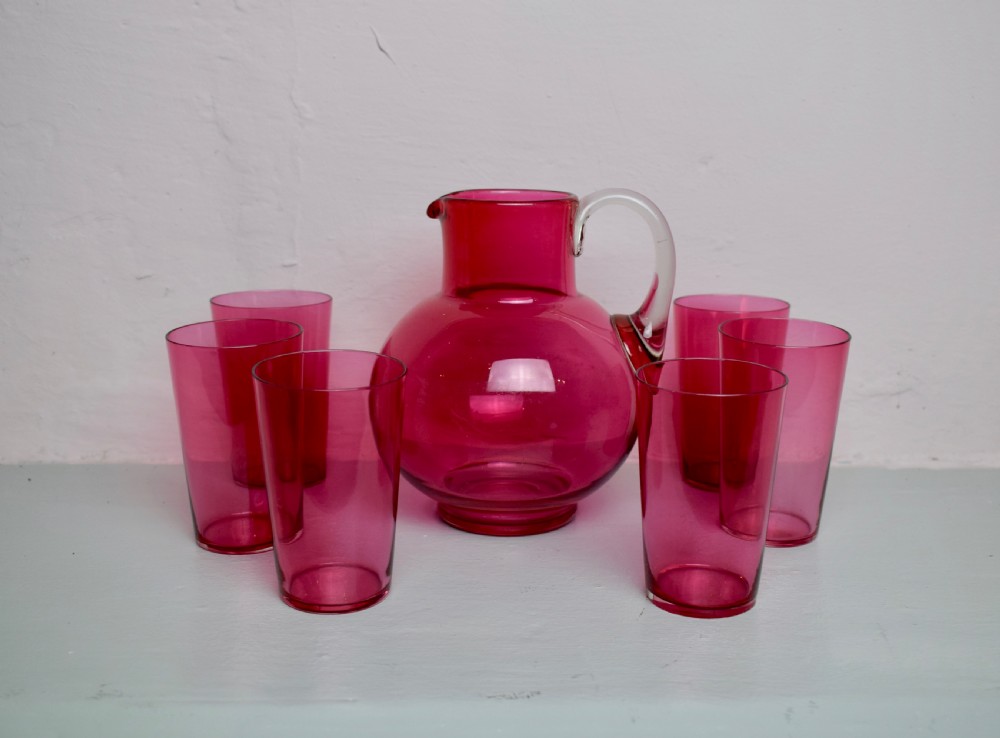 Victorian Cranberry Ruby Glass Jug and Tumblers Water Set View II