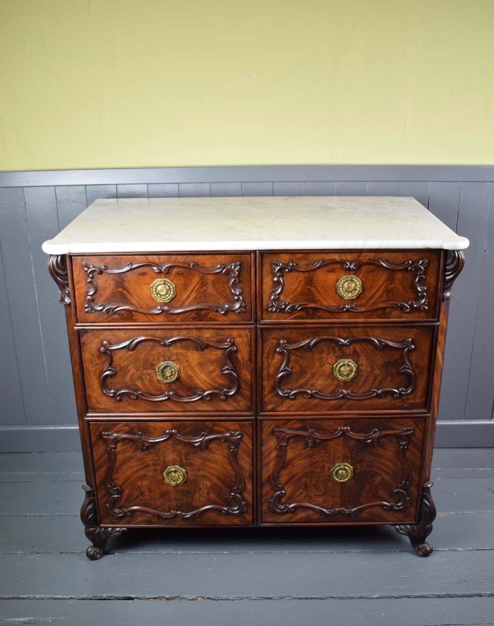 Antique Continental Mahogany Chest of Drawers / Cupboard with Carrara marble top View II