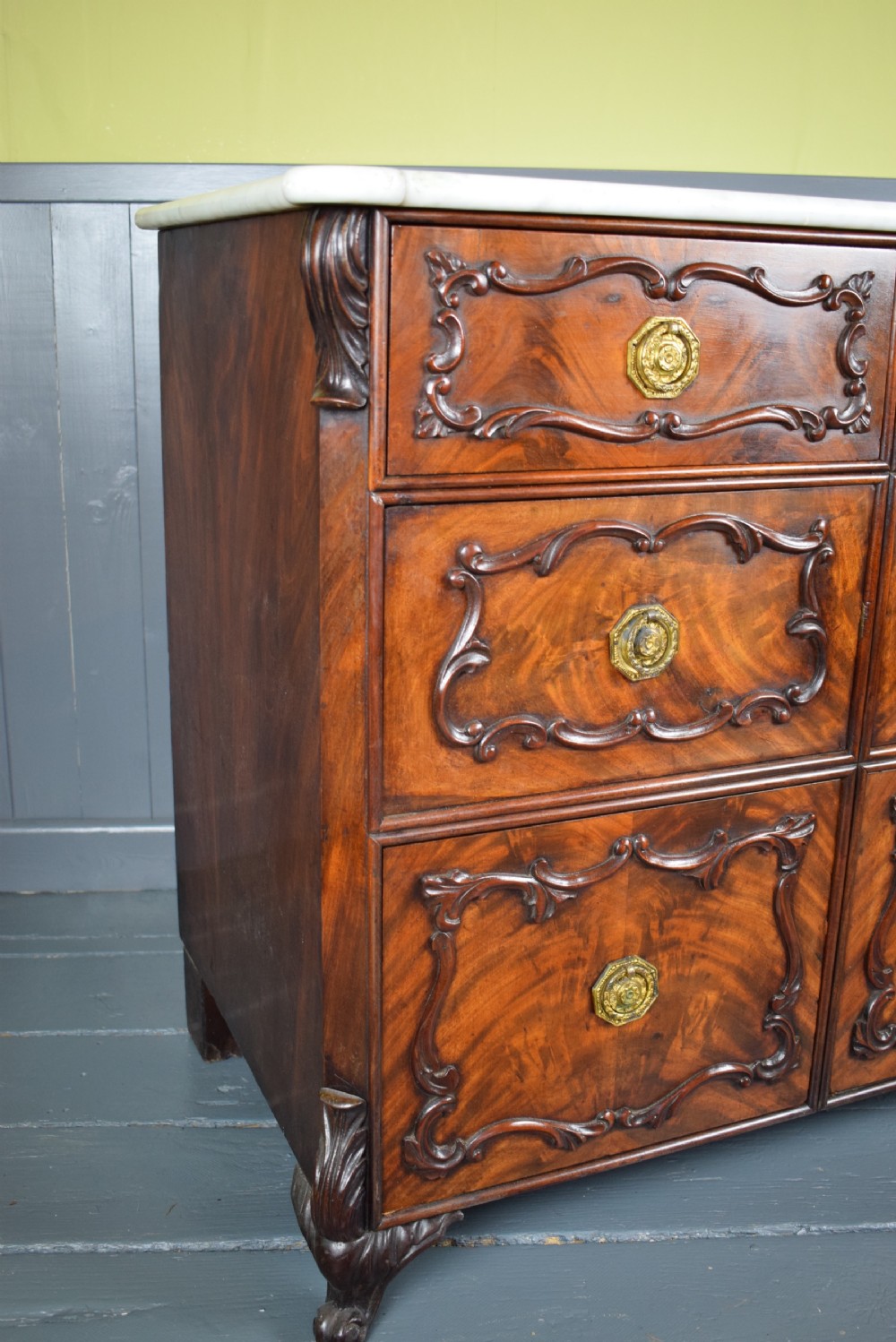 Antique Continental Mahogany Chest of Drawers / Cupboard with Carrara marble top View IV