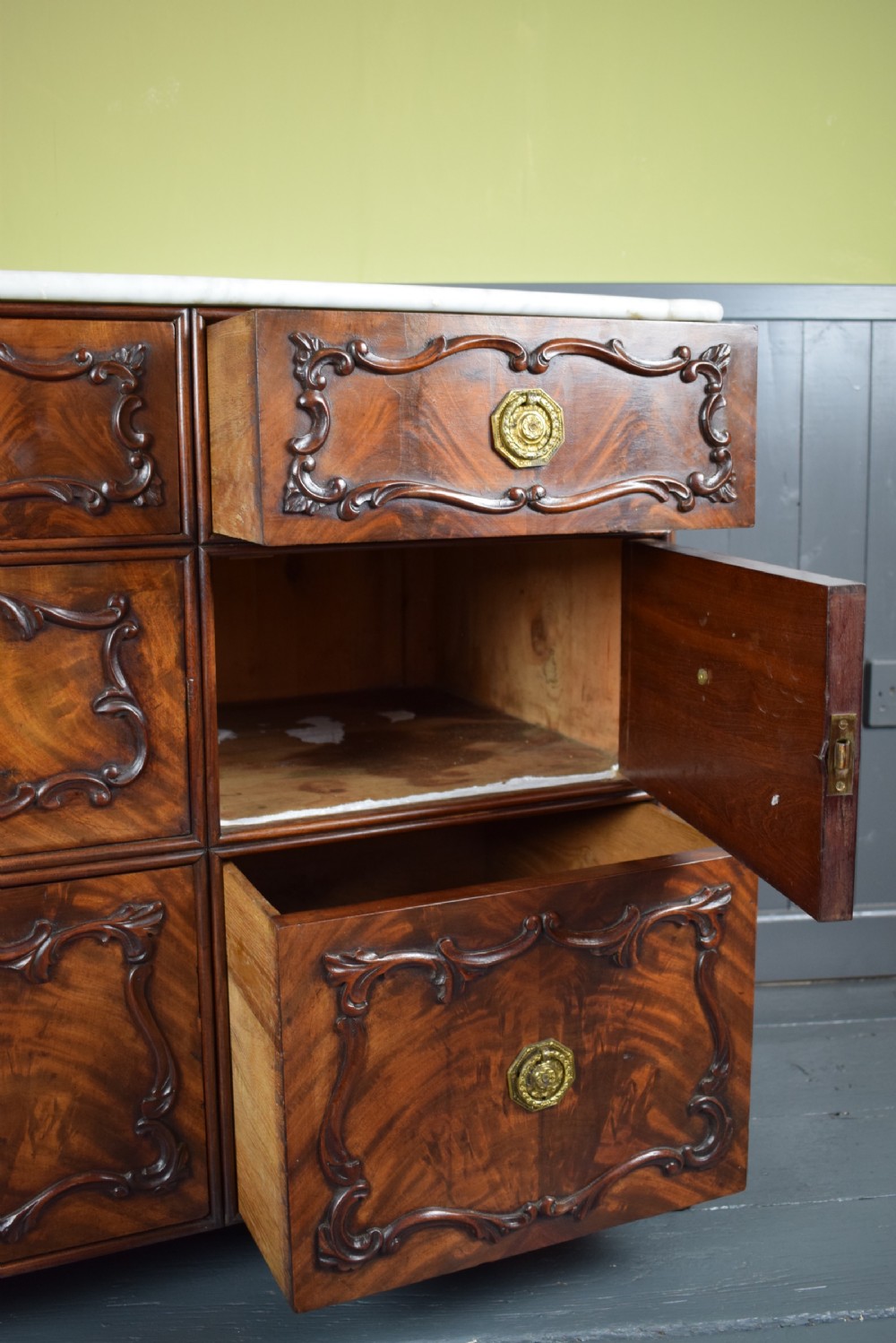 Antique Continental Mahogany Chest of Drawers / Cupboard with Carrara marble top View V