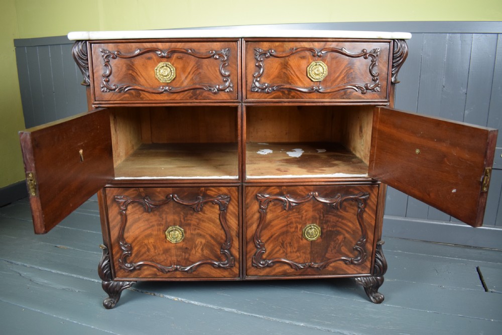 Antique Continental Mahogany Chest of Drawers / Cupboard with Carrara marble top View VI