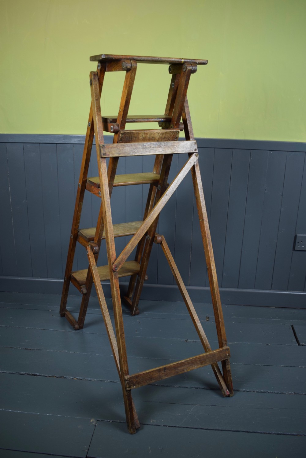 Vintage Oak Folding Shop Steps Ladder View III