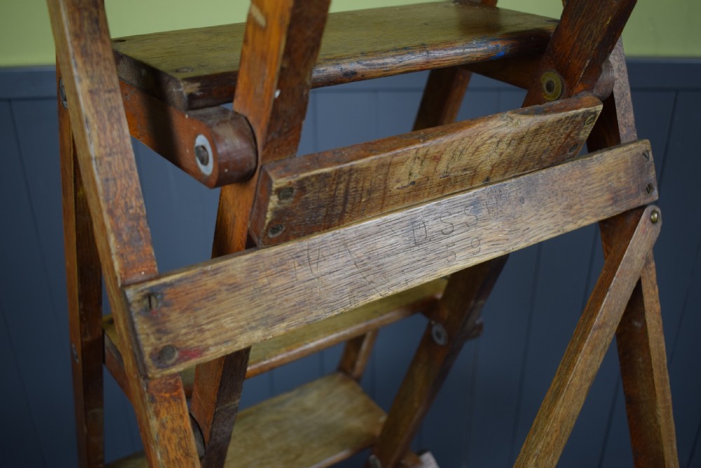 Vintage Oak Folding Shop Steps Ladder View IV