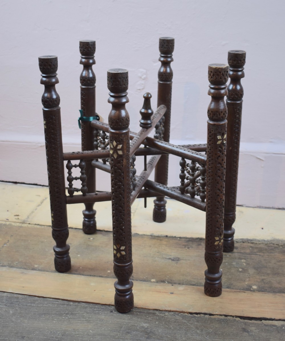 Middle Eastern brass tray top table upon inlaid folding stand View II
