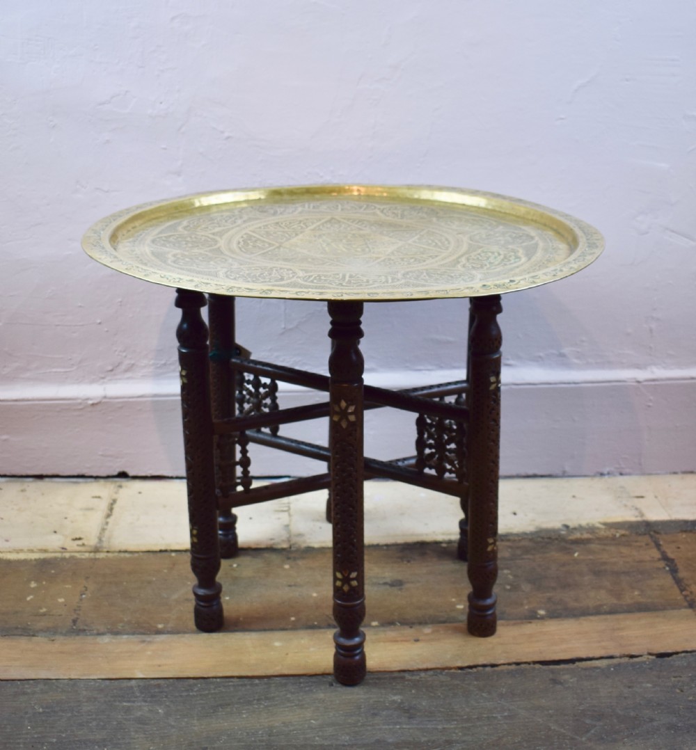 Middle Eastern brass tray top table upon inlaid folding stand View III