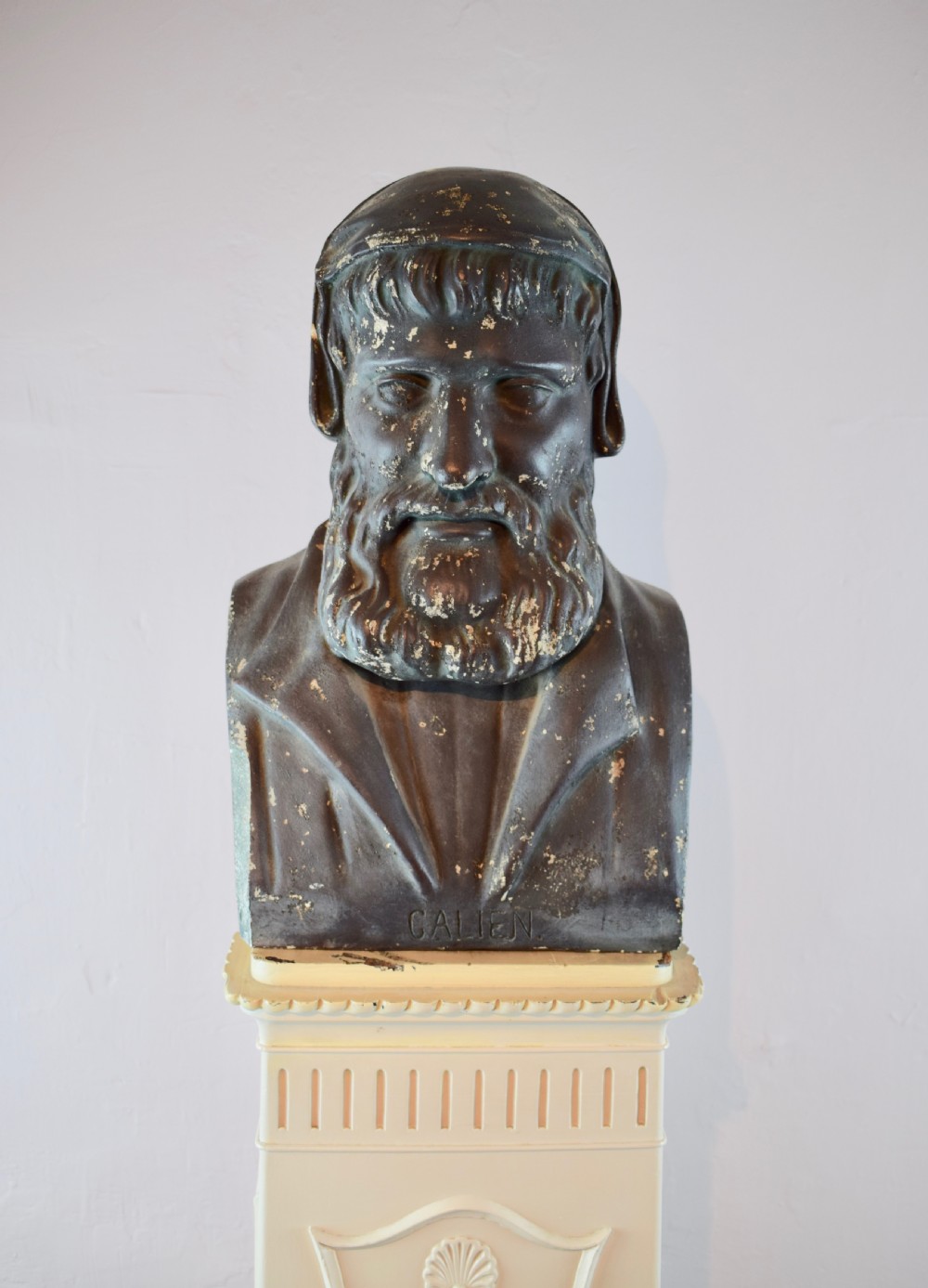 Antique French Painted Plaster Library Bust of Galien