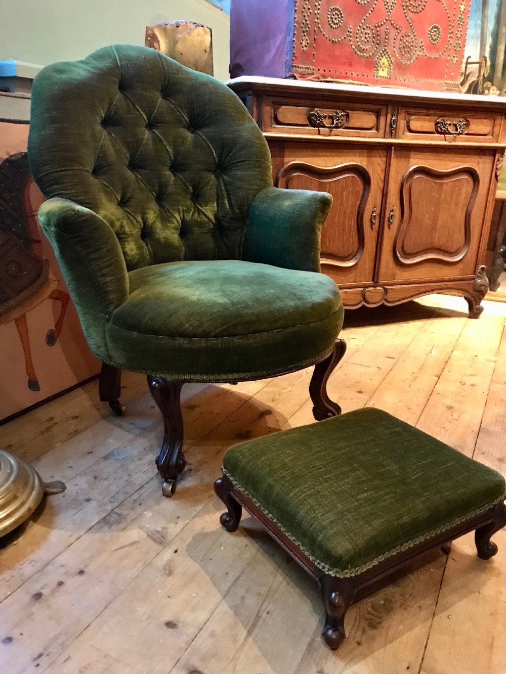 Antique Button Back Armchair and Footstool