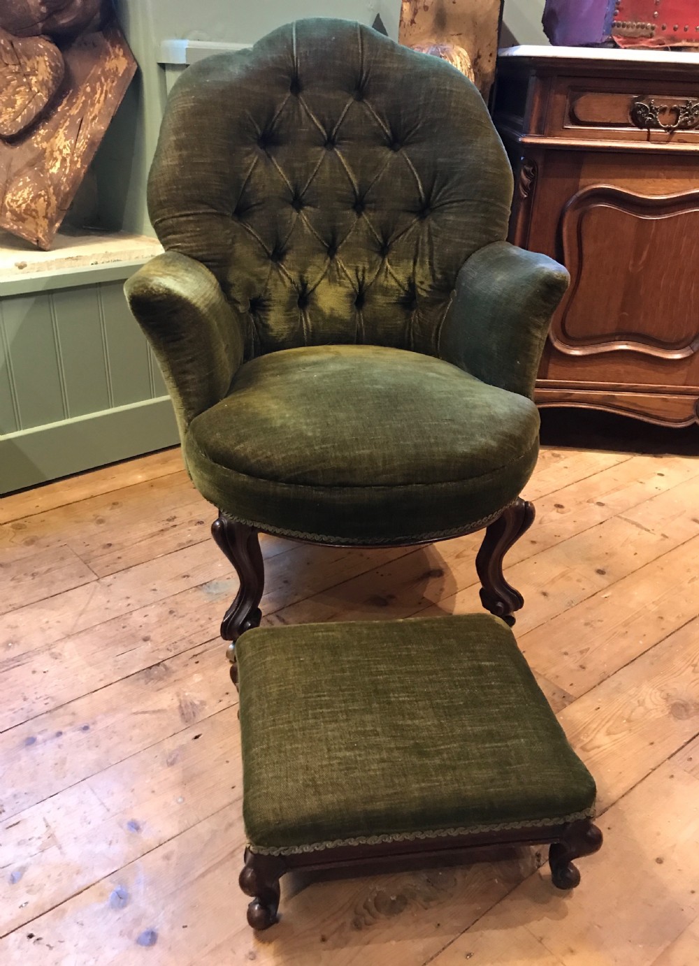 Antique Button Back Armchair and Footstool View II