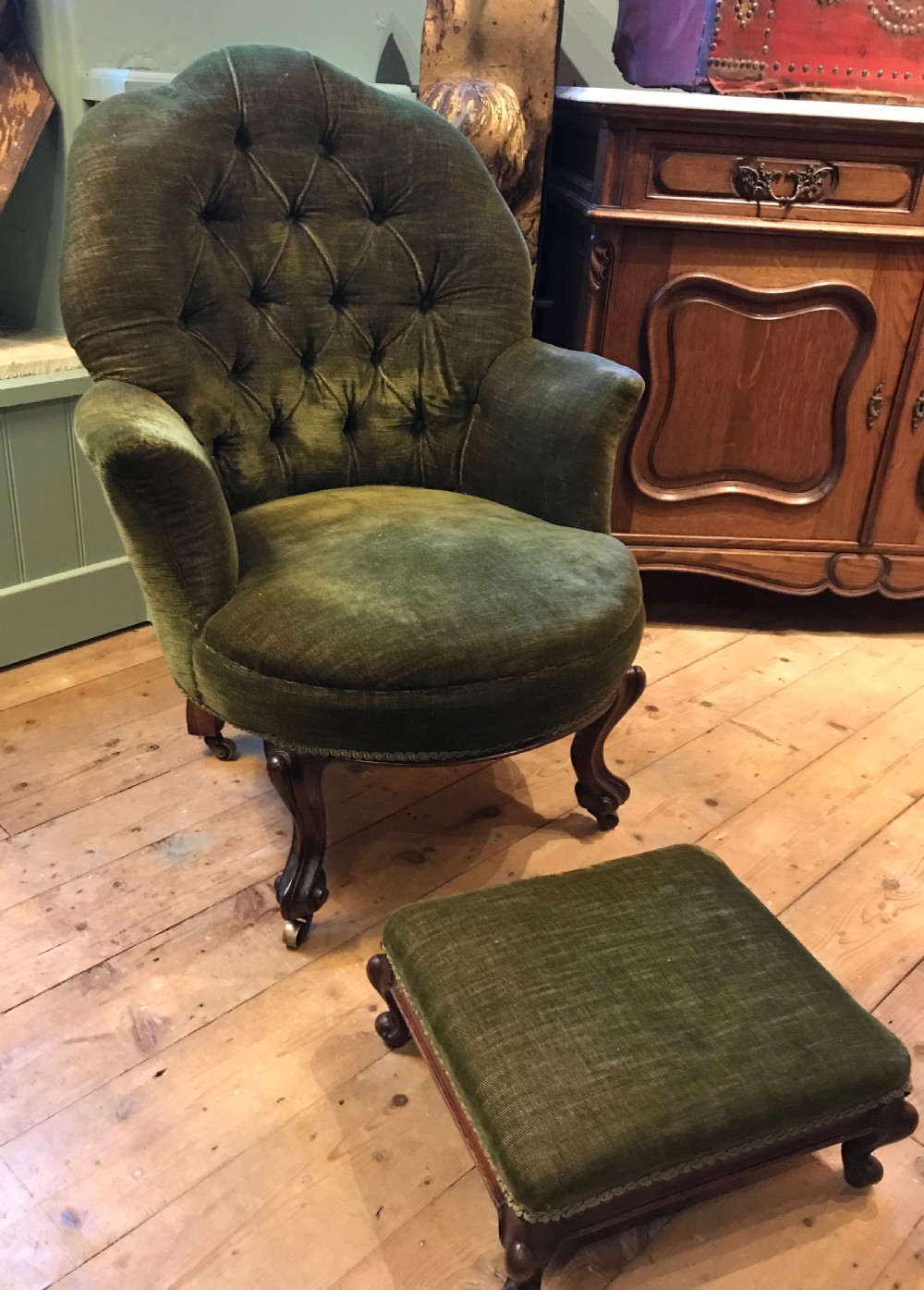 Antique Button Back Armchair and Footstool View III