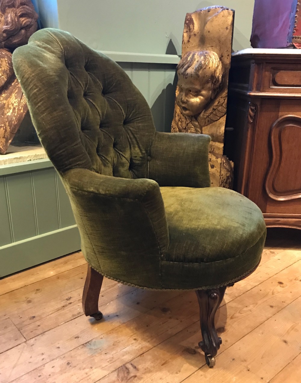 Antique Button Back Armchair and Footstool View IV