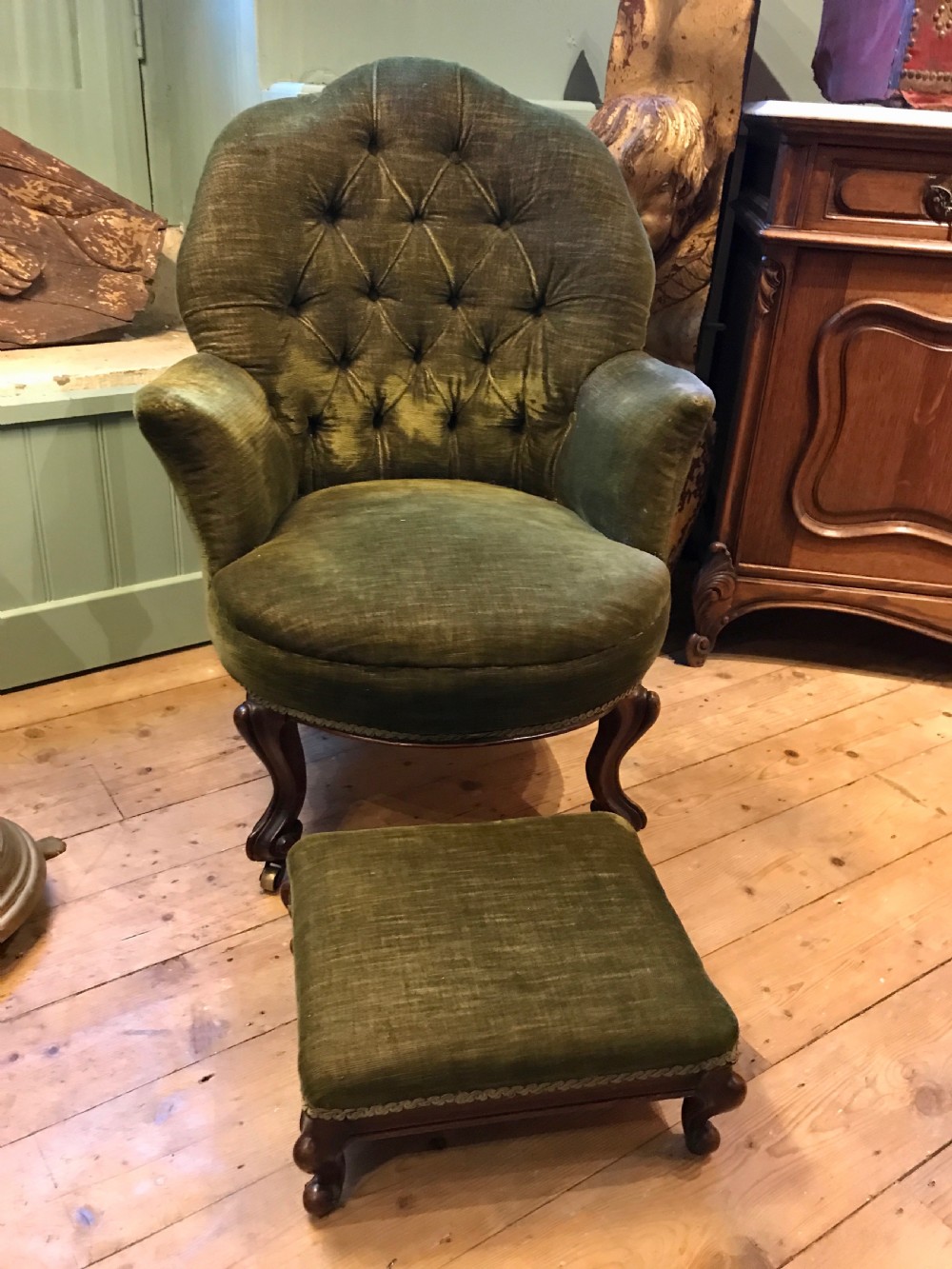 Antique Button Back Armchair and Footstool View V