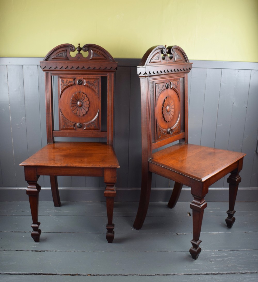 Pair of Victorian Mahogany Hall Chairs View II