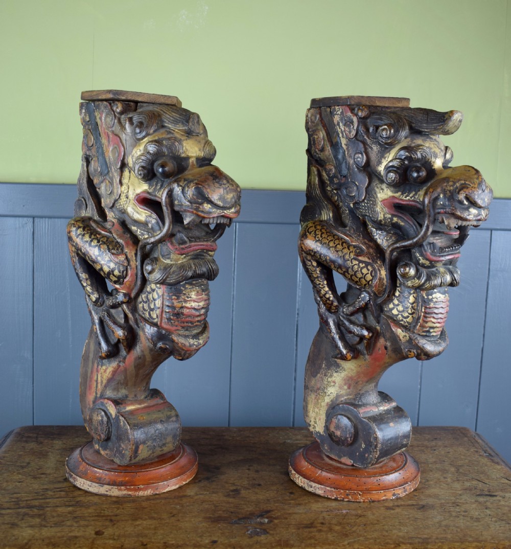 Pair of Antique Chinese dragon carvings with polychrome and gilt decoration View II