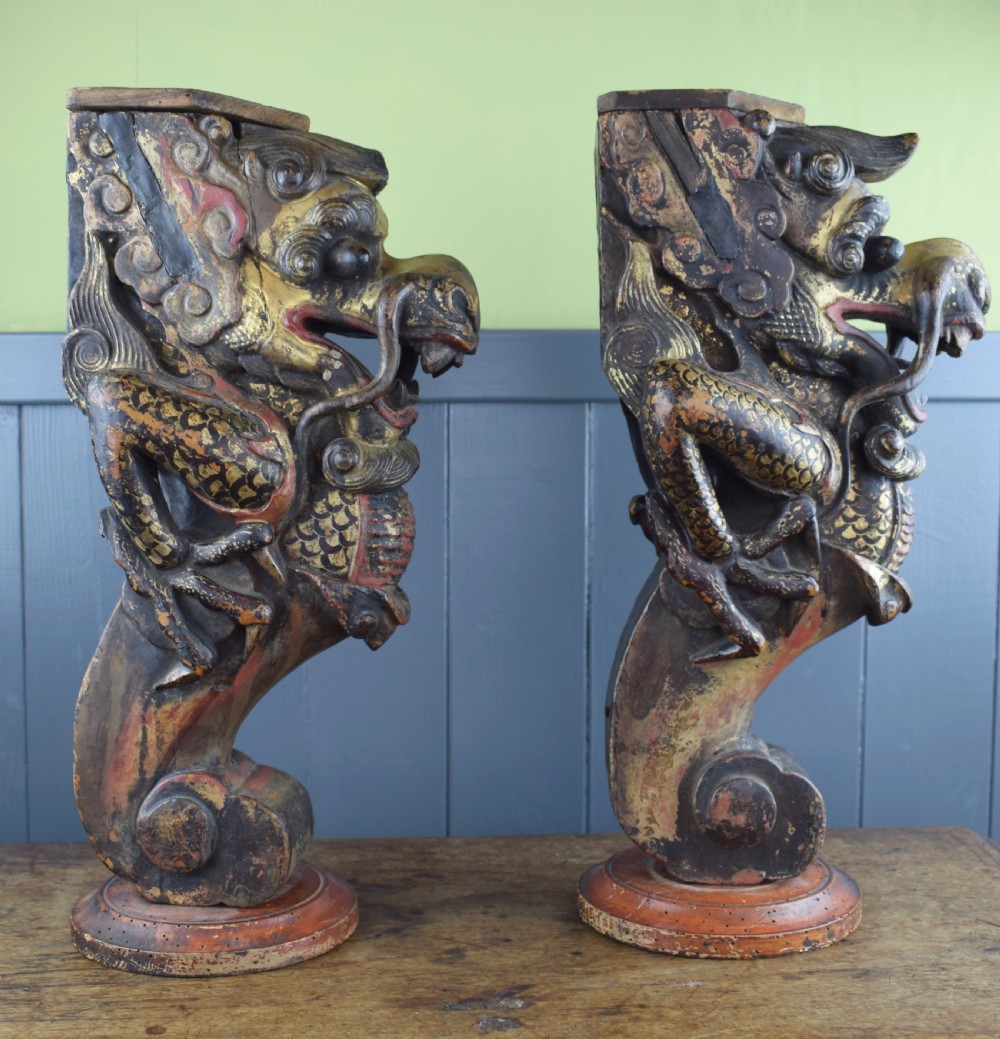 Pair of Antique Chinese dragon carvings with polychrome and gilt decoration View III