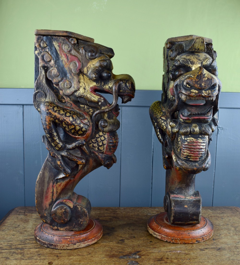 Pair of Antique Chinese dragon carvings with polychrome and gilt decoration View IV