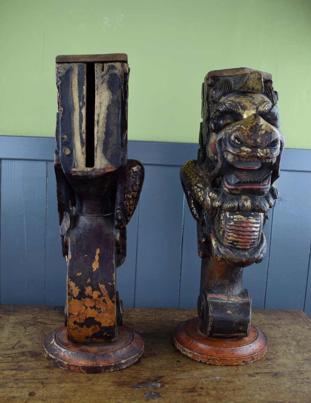 Pair of Antique Chinese dragon carvings with polychrome and gilt decoration View V