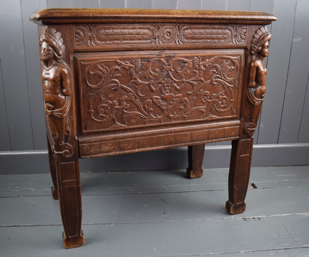 Small Antique Carved Oak Coffer with Native American Caryatids View II