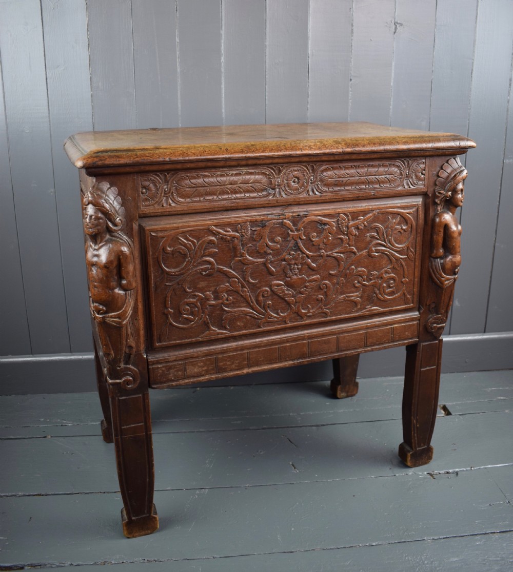 Small Antique Carved Oak Coffer with Native American Caryatids View III