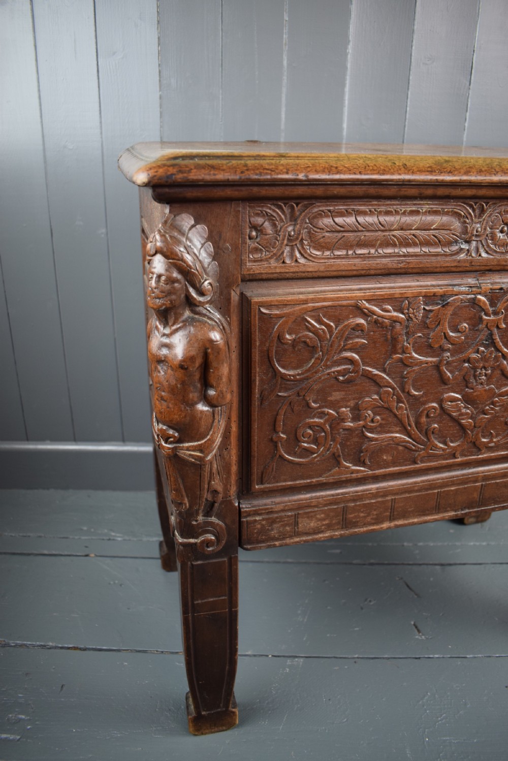 Small Antique Carved Oak Coffer with Native American Caryatids View IV